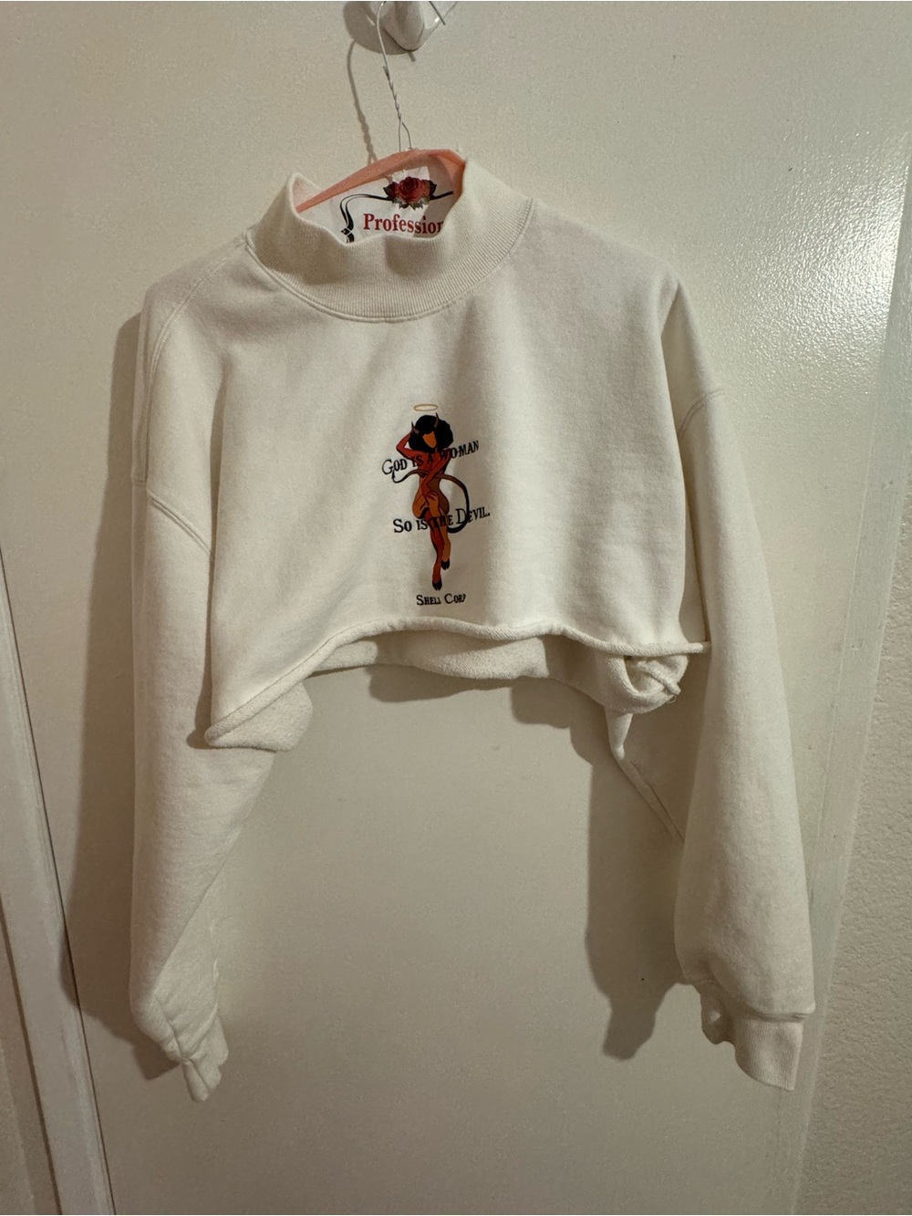 Cream Cropped Crewneck Sweater with Graphic